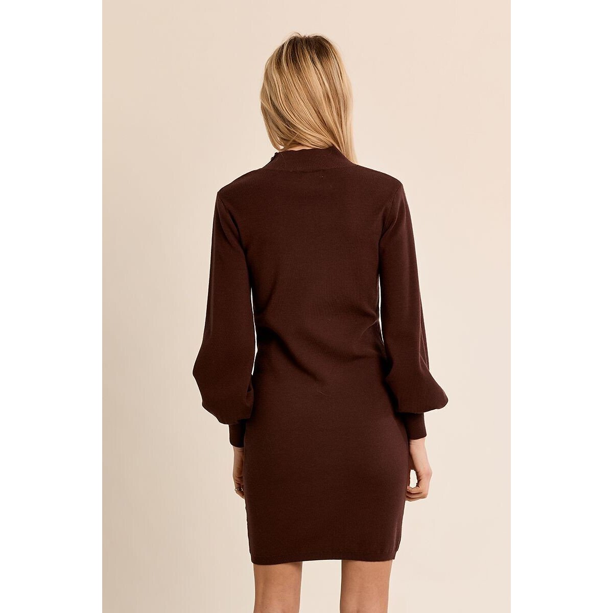 Vestido estilo camisola, em malha, mangas balão castanho-chocolate, MOLLY BRACKEN
