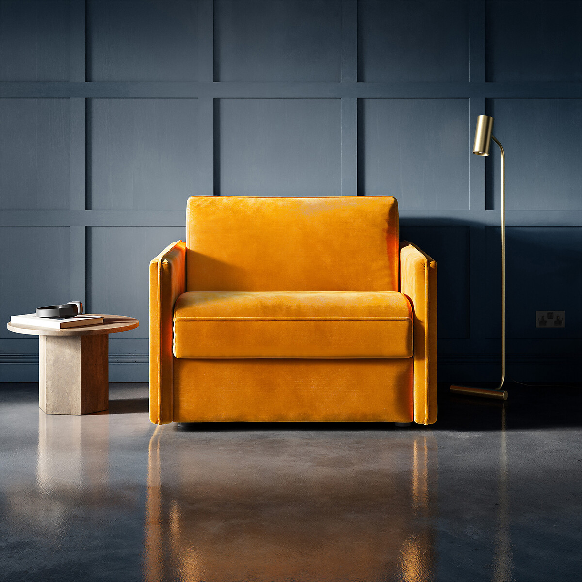 Jay-Be® Slim Luxe Velvet Snuggle Chair Sofa Bed with Deep Sprung Mattress saffron yellow, JAY-BE