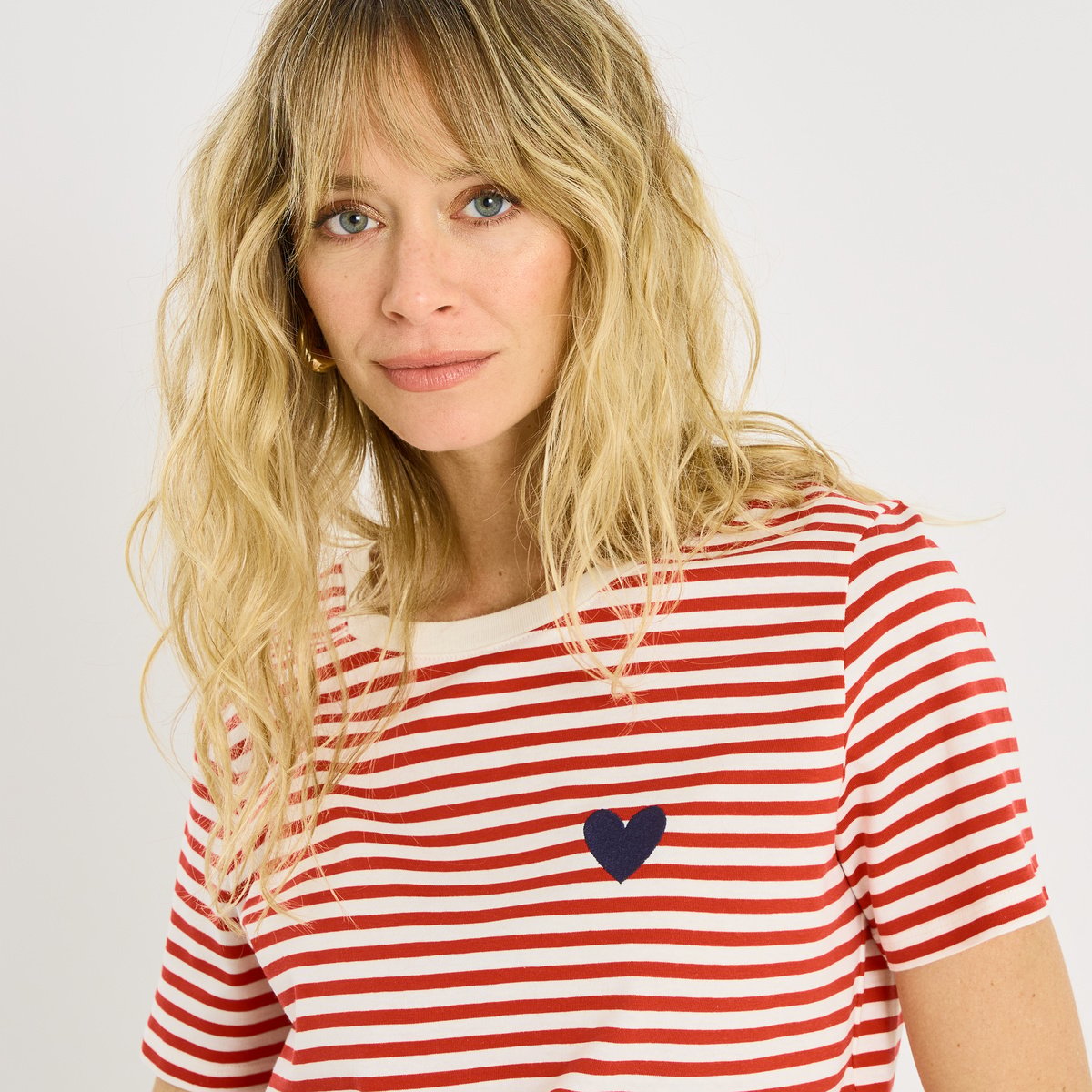 T-shirt rayé cœur brodé orange rouge, GRAIN DE MALICE