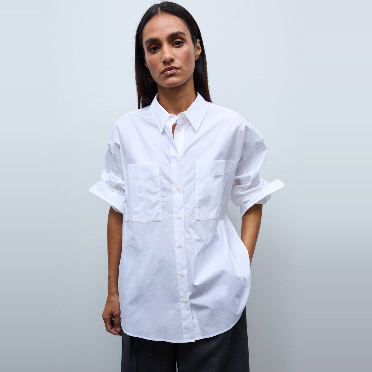 Chemise unie avec manches longues en coton BIO GOTS blanc, MONOPRIX