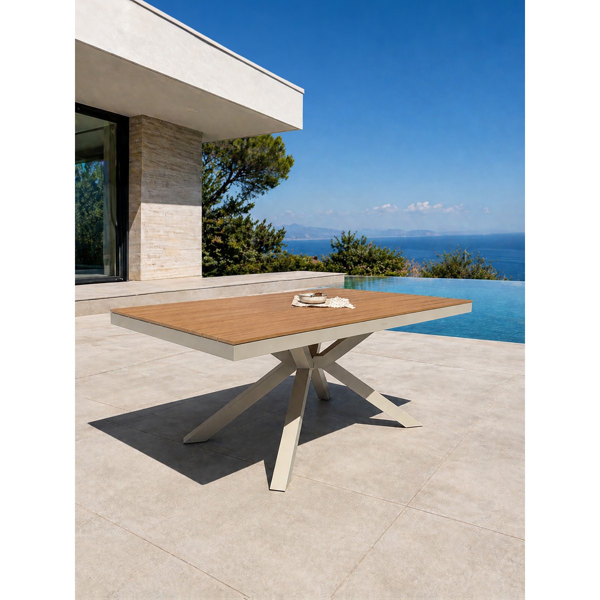 Table de jardin en alu plateau polywood  aspect bois LAMU grège, DCB GARDEN