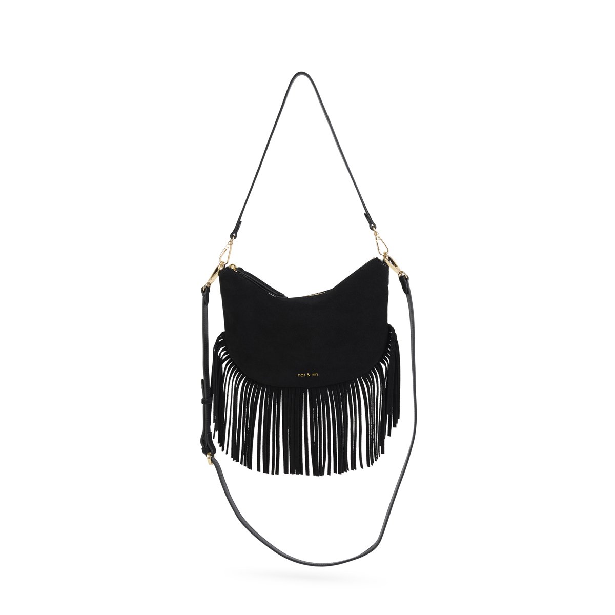 Sac à bandoulière en cuir, LUNE FRANGE noir, NAT & NIN