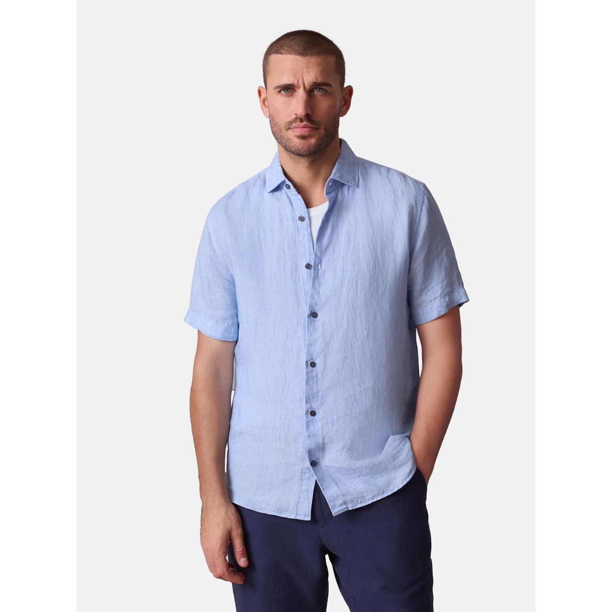 Chemise lin texturé à manches courtes Signature bleu, NEXT