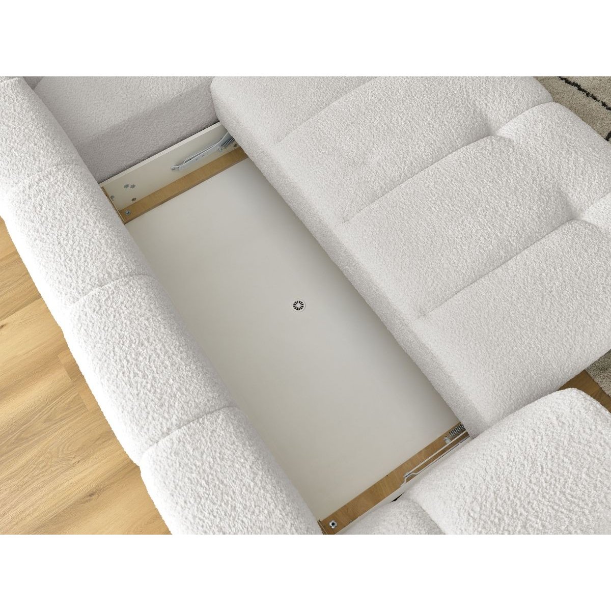 Canapé d'angle convertible 4 places en tissu bouclette avec pouf, FUJI blanc, BOBOCHIC