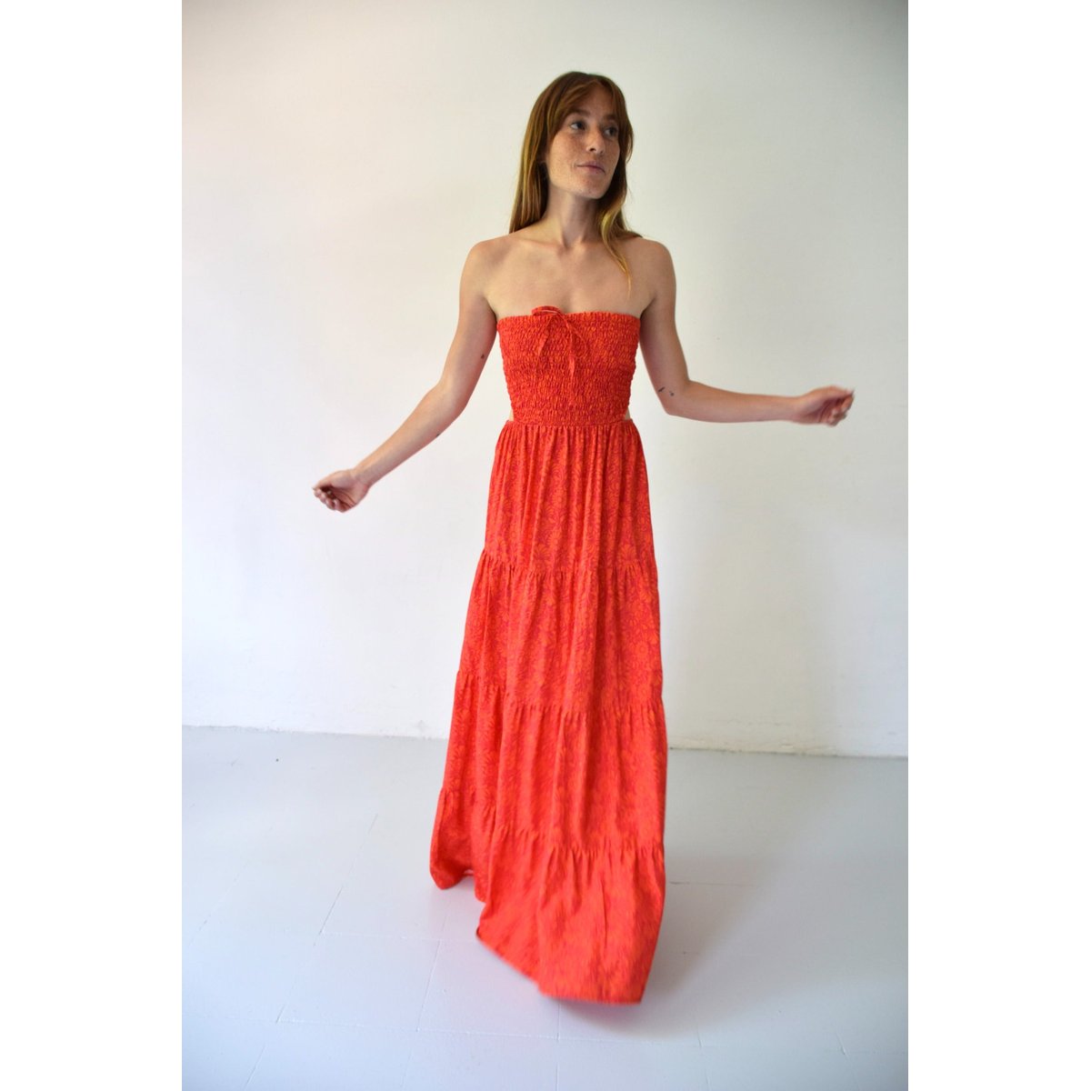 Robe longue bustier marguerites CASIOPEA orange / fuchsia, MINDTRAVELER