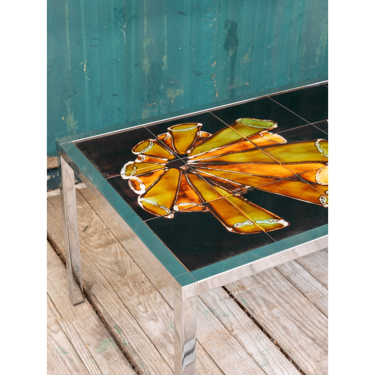 Table basse chromée et en céramique Donna N°1077 - Bon état argenté, DEBONGOUT