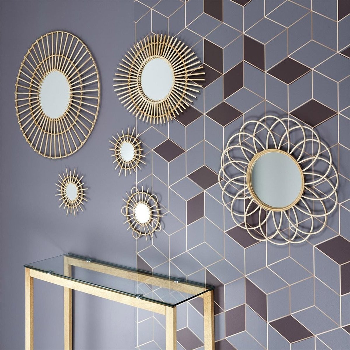 Lot de 3 miroirs rotin D28 beige, DECORATIE