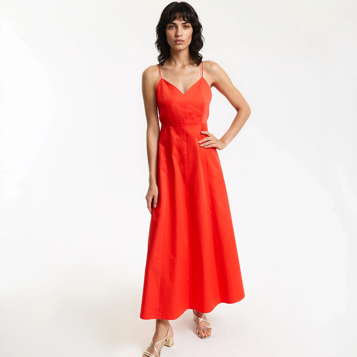 Robe longue à fines bretelles col V rouge orangé, LA REDOUTE COLLECTIONS