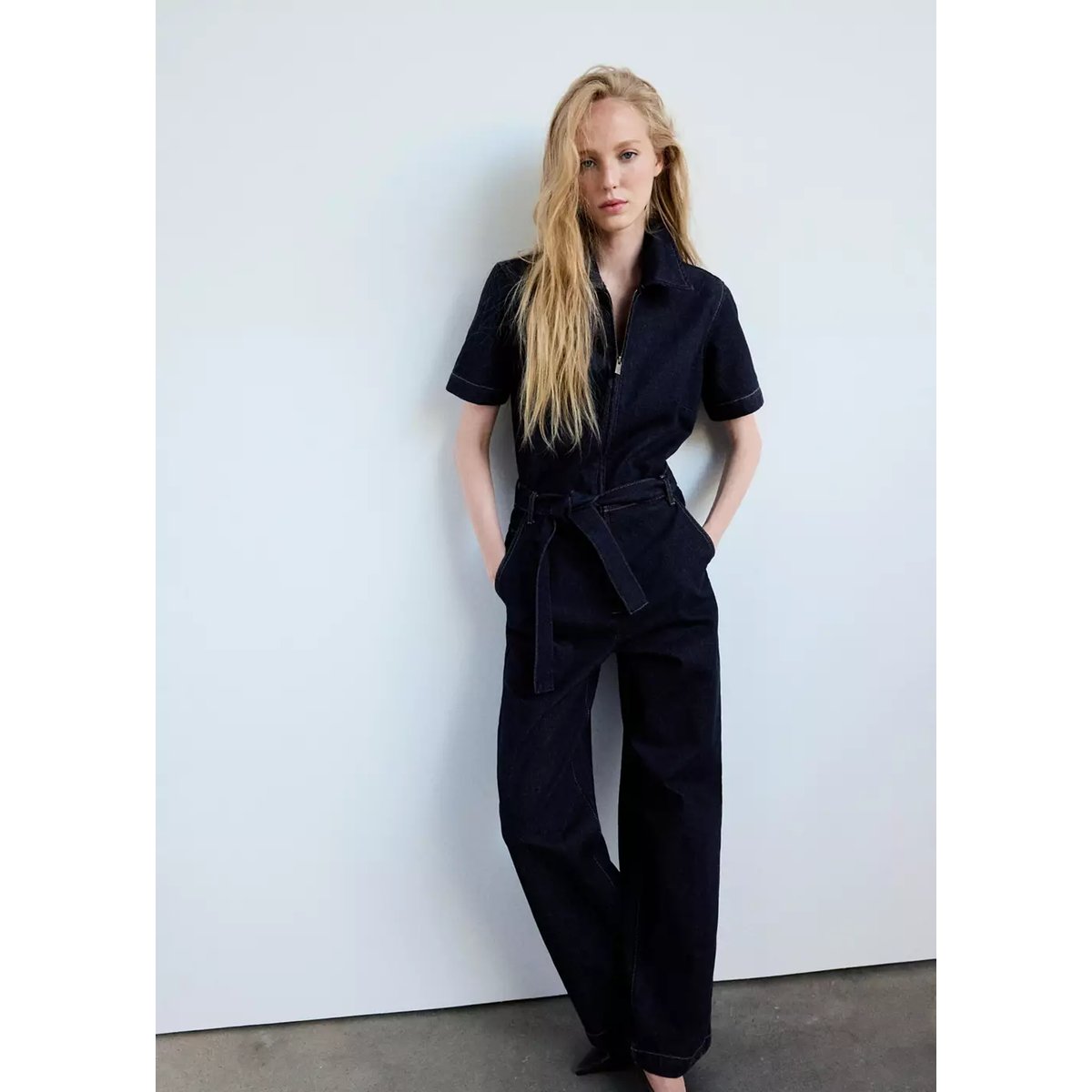 Combinaison jean ceinture bleu, MANGO