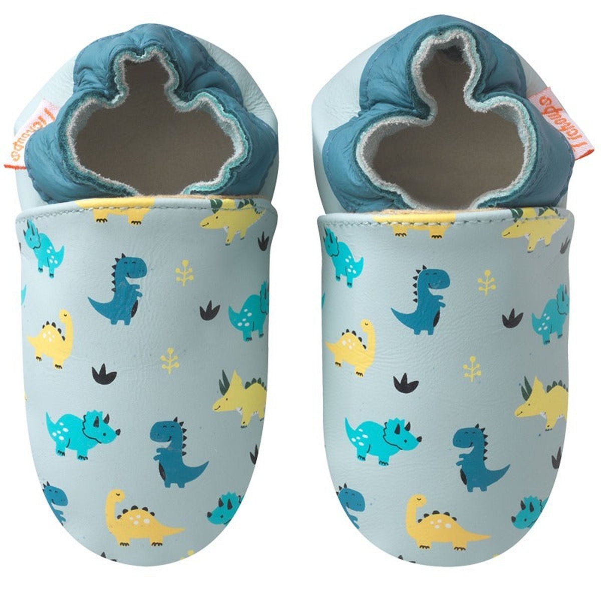 Chaussons bébé cuir souple Nestor les dinosaures bleu, TICHOUPS
