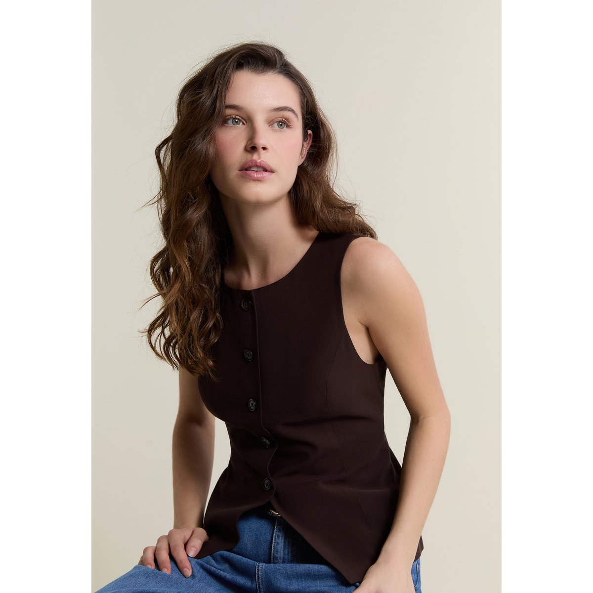 Top sans manches avec boutons HEALING marron, ETAM