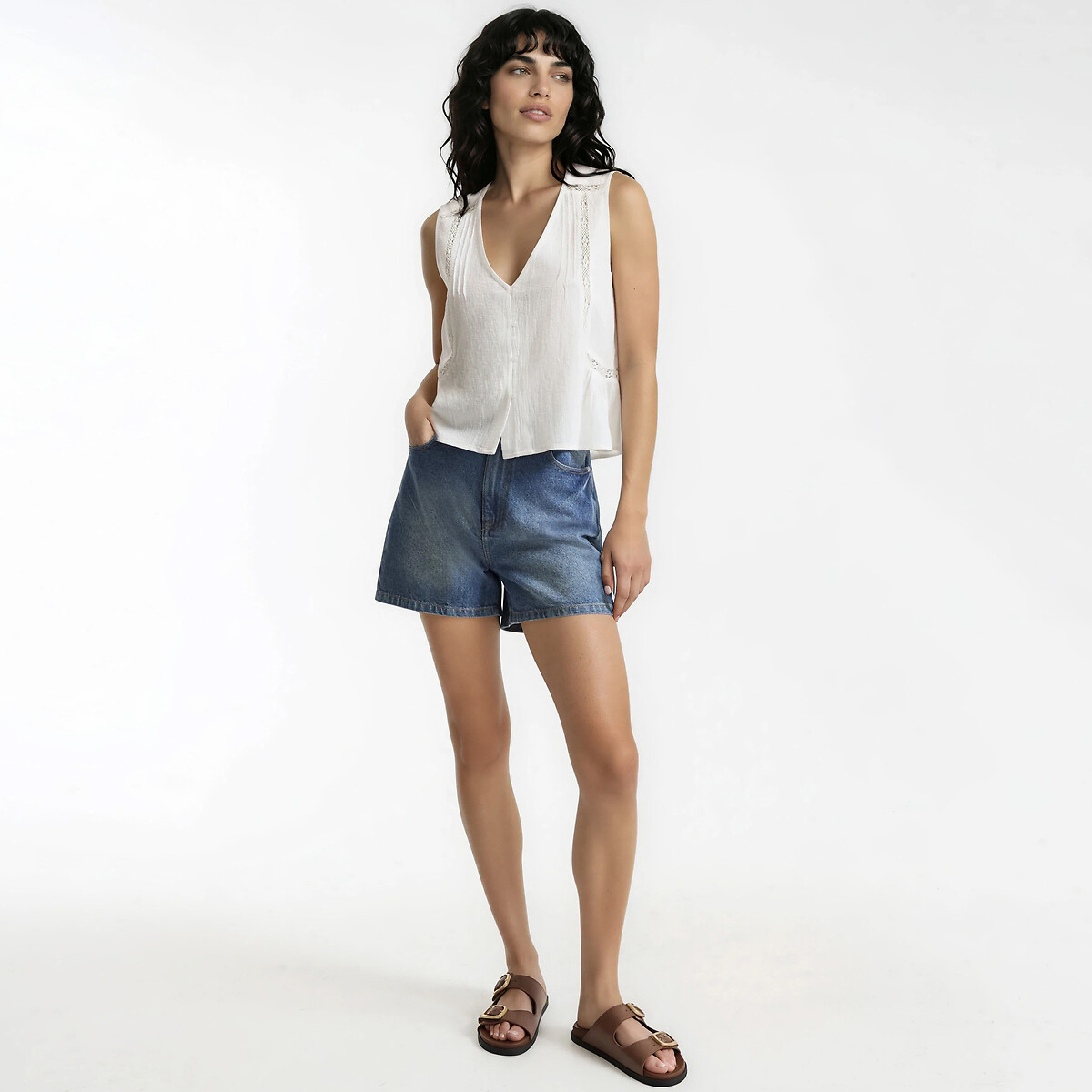Blouse brodée col V sans manches  blanc, LA REDOUTE COLLECTIONS