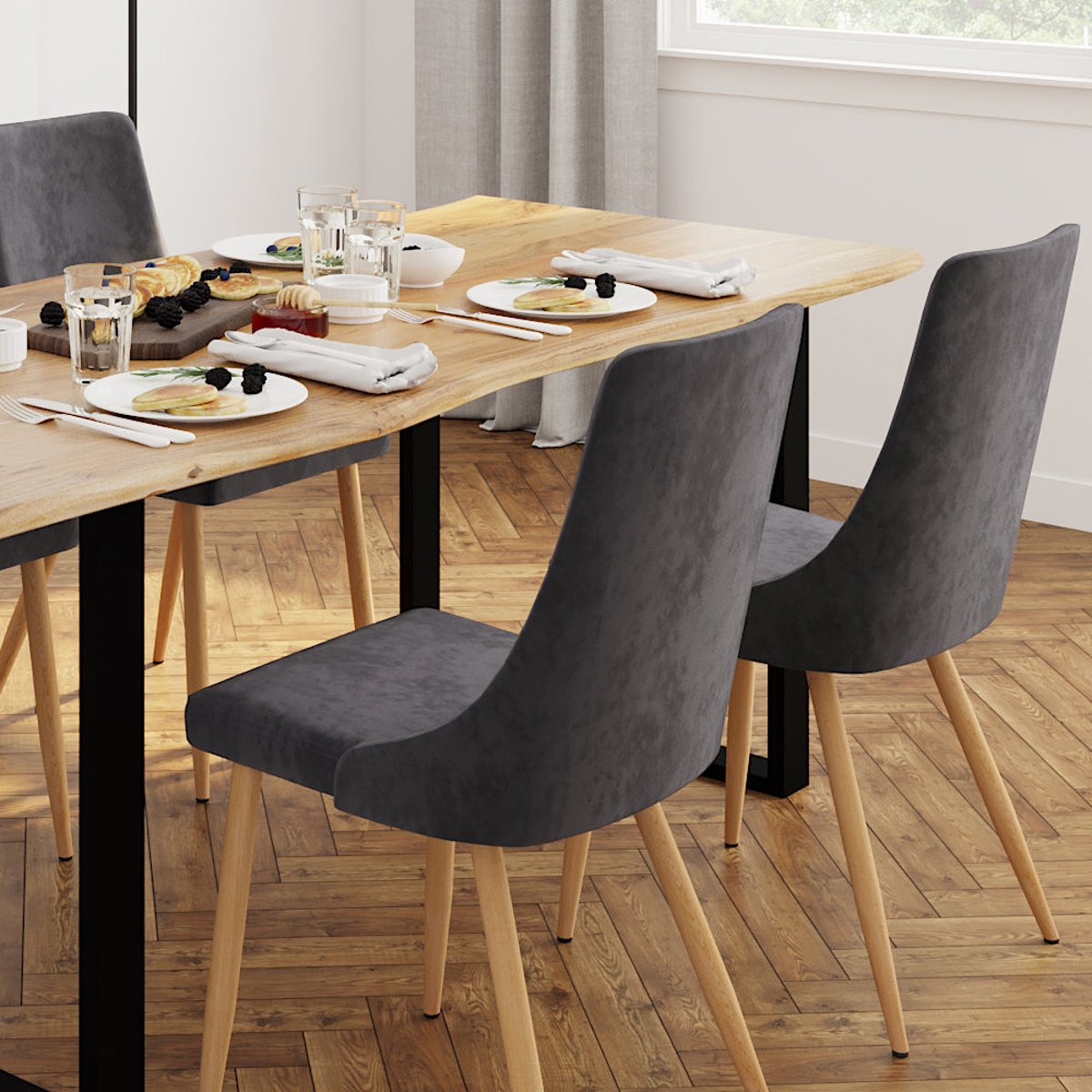 Pack 4 chaises en velours et - VINNI gris et bleu, MAISON PAVANE