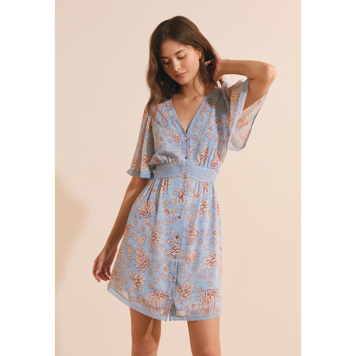 Robe courte col v à motifs ROMAN IMP imp bleu vert, ETAM