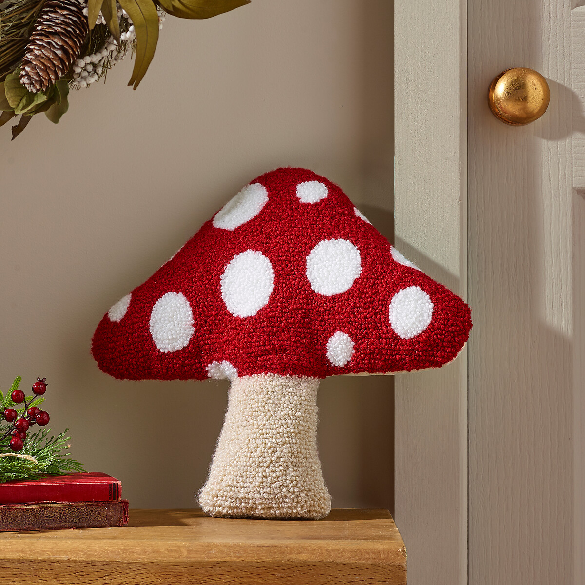 Woodland Crochet Mushroom 3D Shaped Cushion red, CATHERINE LANSFIELD