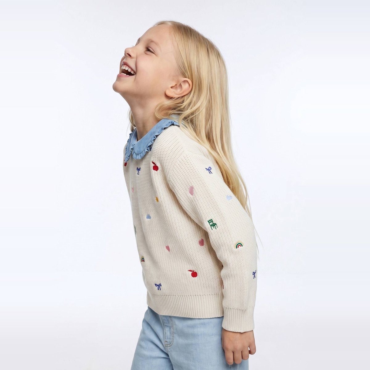 Pull brodé à col claudine naturel, MONOPRIX
