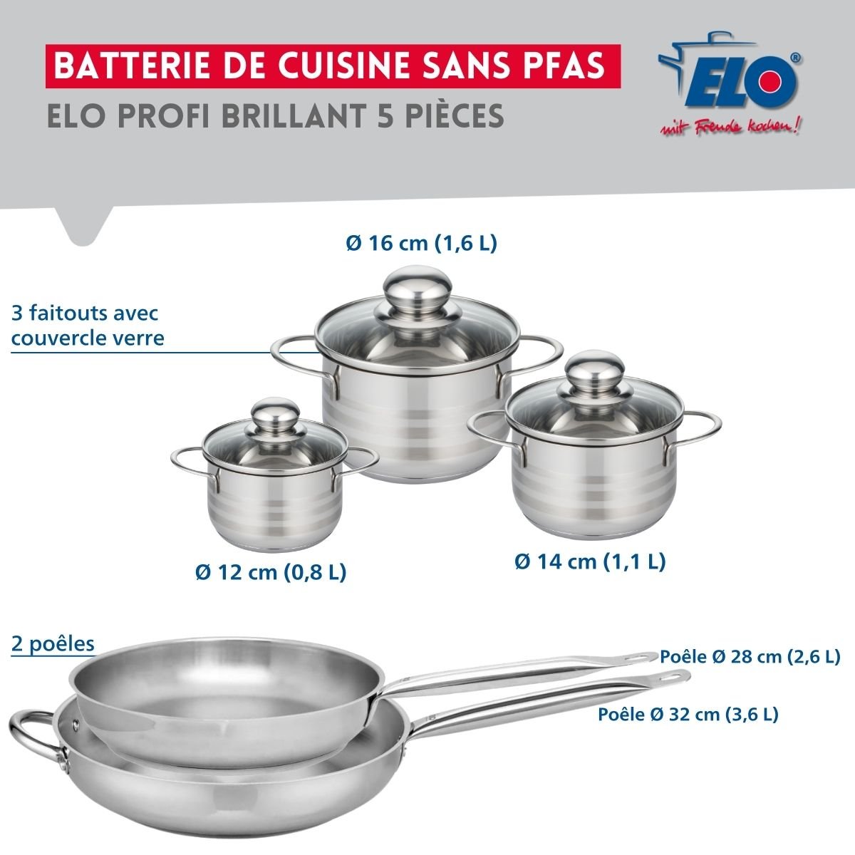 Batterie 2 poêles 28/32cm + 3 faitouts 12/14/16cm PROFI BRILLANT inox, ELO