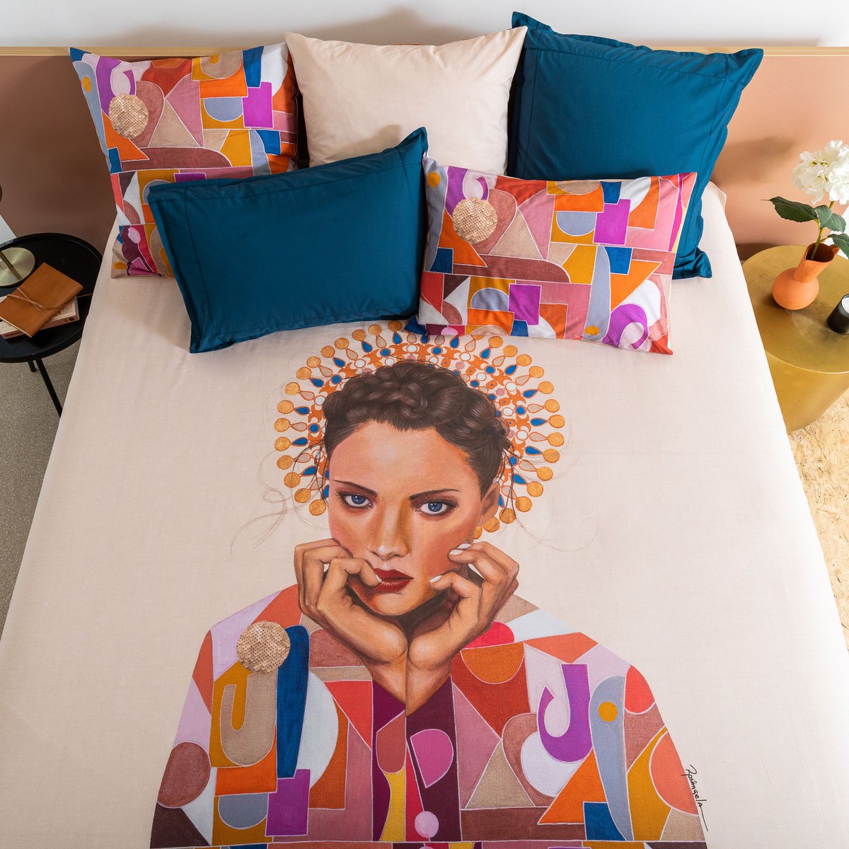 Housse de couette réversible percale de coton ROSANGELA imprimé, CARRE BLANC