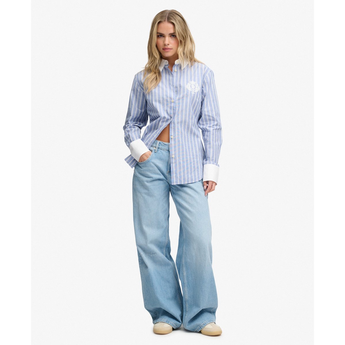 Chemise à manches longues Poplin Cuff Stripe rayure bleu chelsea, SUPERDRY