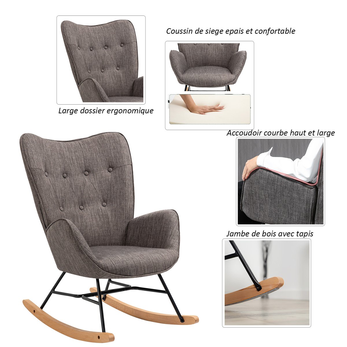Fauteuil à bascule rocking chair scandinave, EPPING gris foncé, MEUBLES COSY