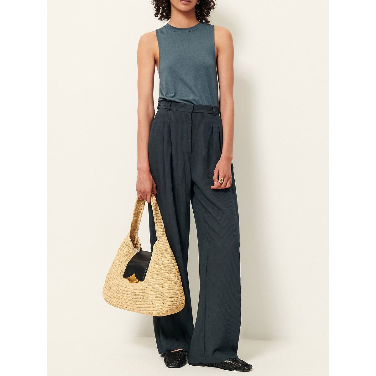 Emisun Striped Jacquard Wide Leg Trousers dark green, SESSUN