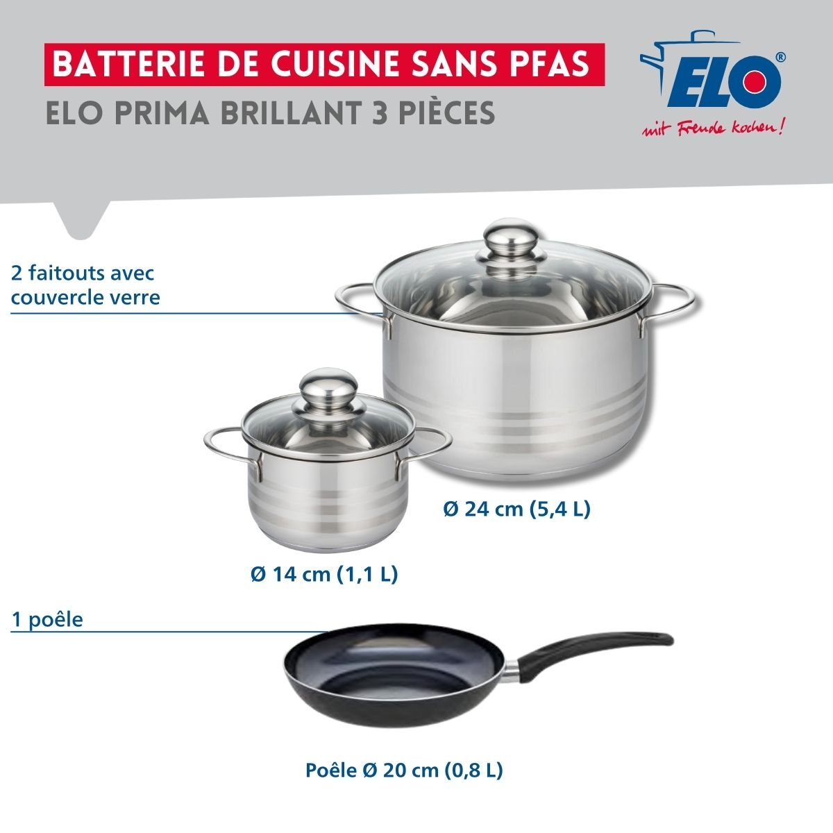 Batterie 1 poêle 20cm + 2 faitouts 14/24cm PRIMA BRILLANT noir, ELO