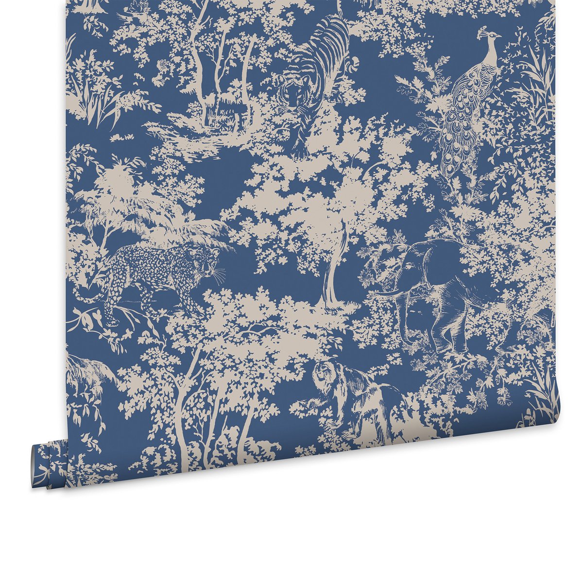 Papier peint Cache cache d'animaux de la brousse bleu, crème, JOULES
