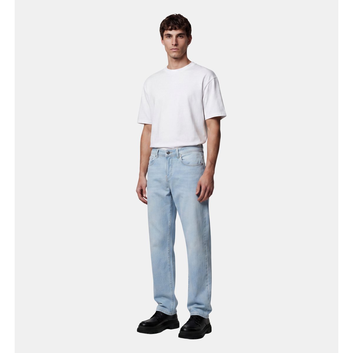 Jean rudenim droit en denim bleu jean délavé, GALERIES LAFAYETTE
