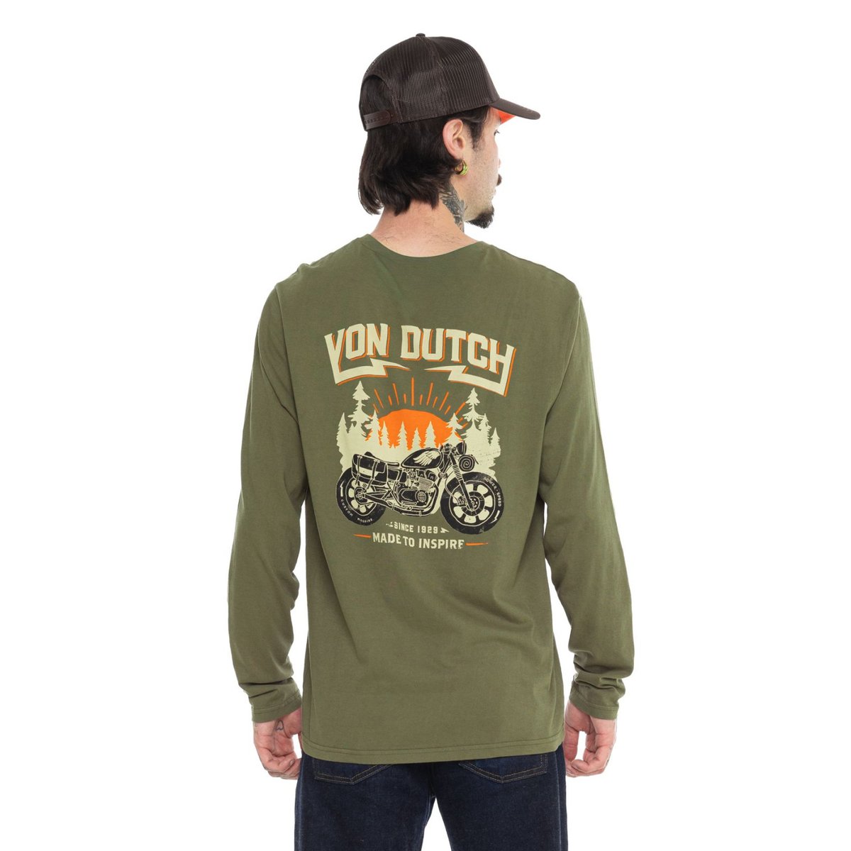 T-shirt homme regular manches longues jersey160GSM print devant Flynn kaki/noir/orange, VON DUTCH