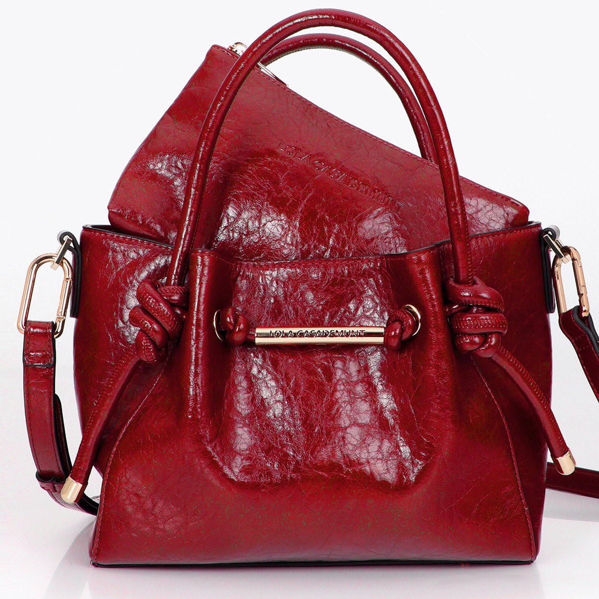 Sac à main avec noeuds décoratifs à logo métallique bordeaux, LOLA CASADEMUNT