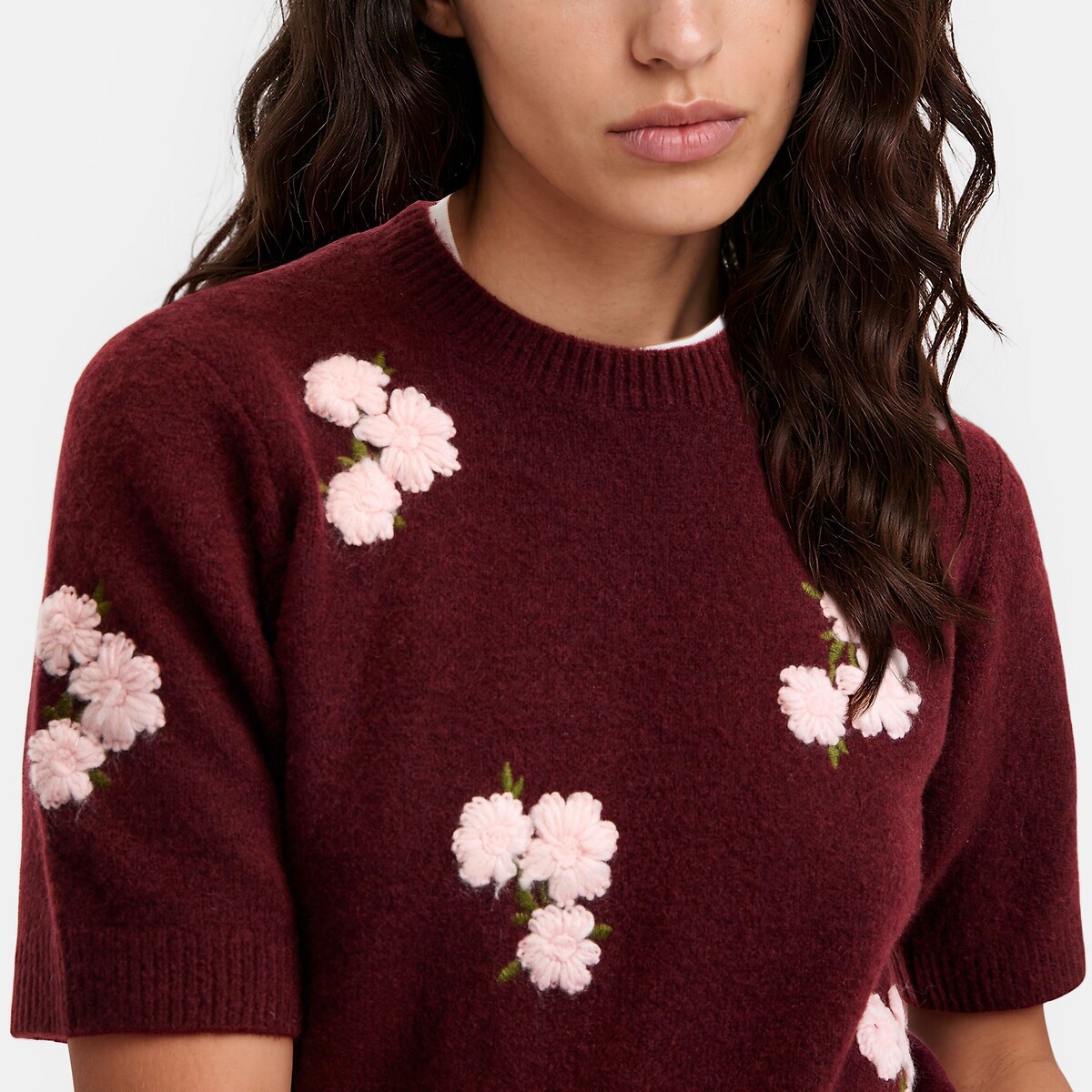 Maglia a collo rotondo e maniche corte con ricami floreali rosso bordeaux, LA REDOUTE COLLECTIONS
