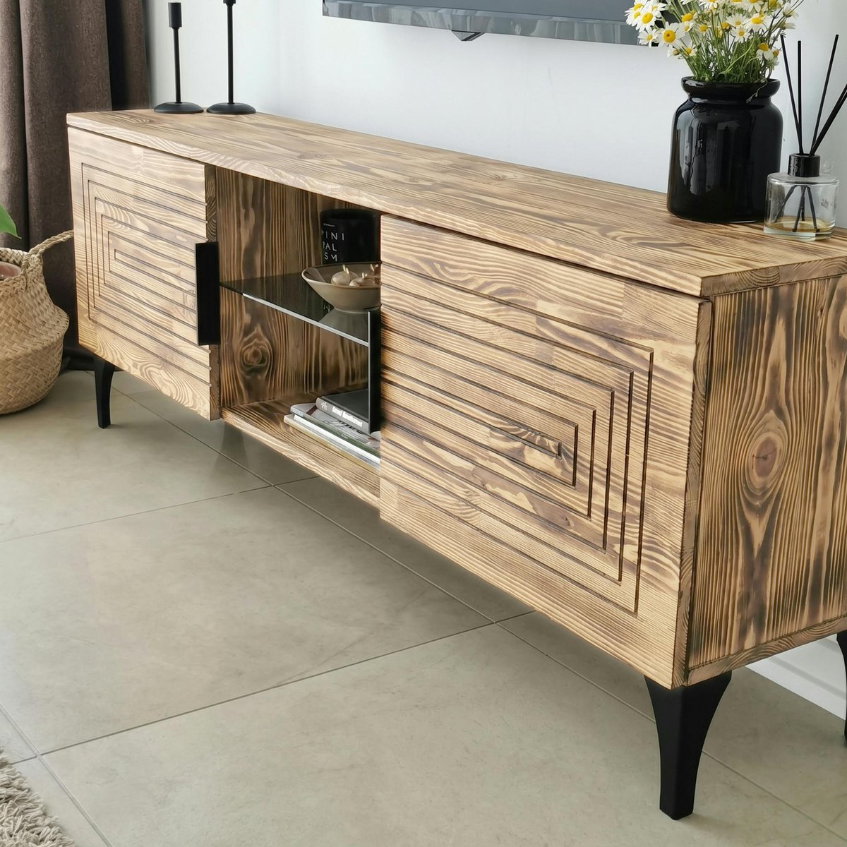 Meuble TV bois clair sculpté - 2 étagères assorties LECCE bois naturel, PIER IMPORT