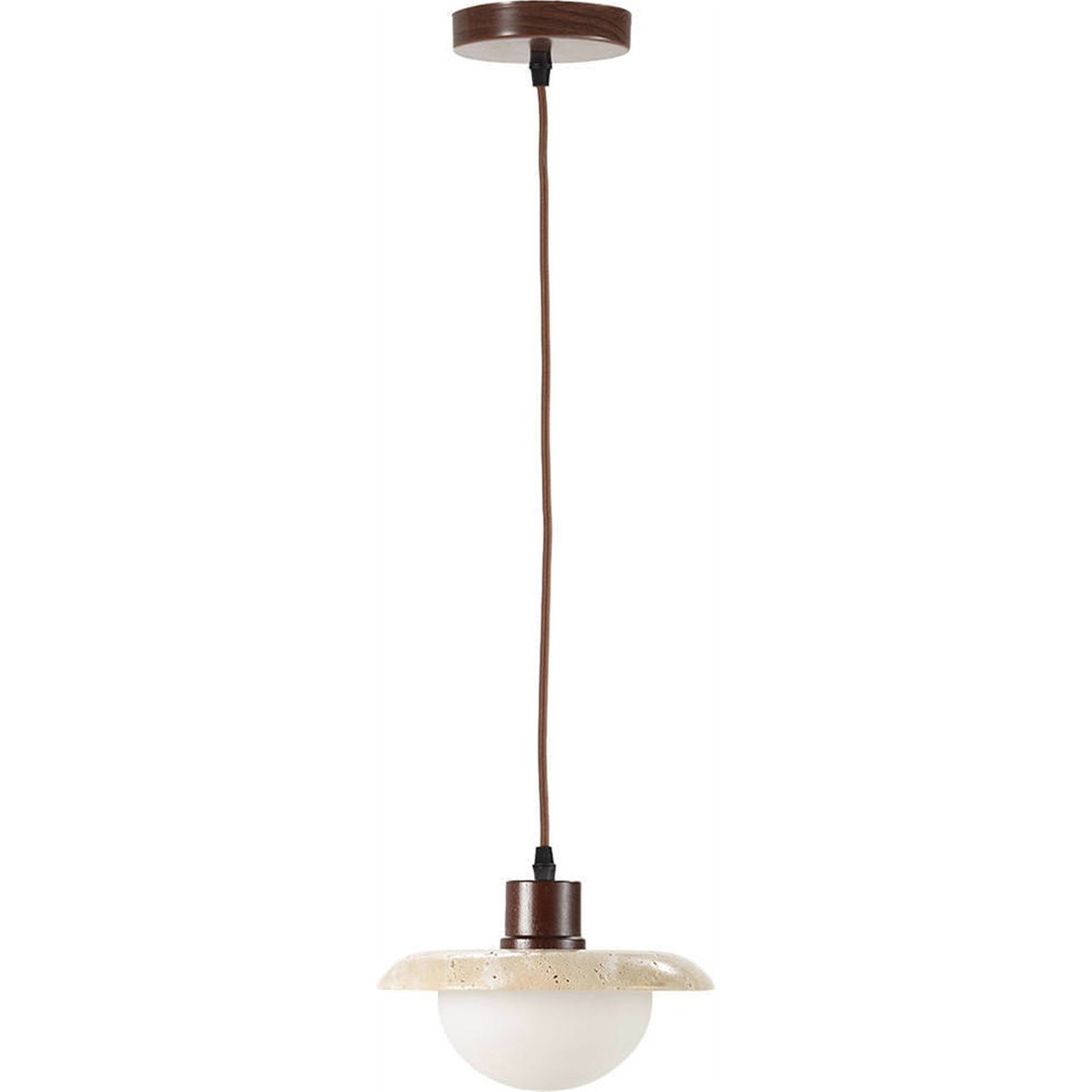 Suspension travertin, Verre opalin et bois noir et naturel, RECOLLECTION
