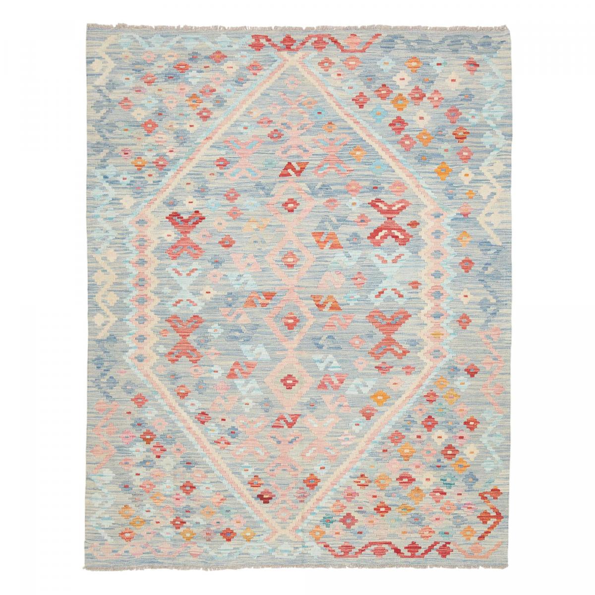 Tapis kilim, motif ethnique authentique, tissé plat KILIM 59 bleu, orange, rouge, UN AMOUR DE TAPIS