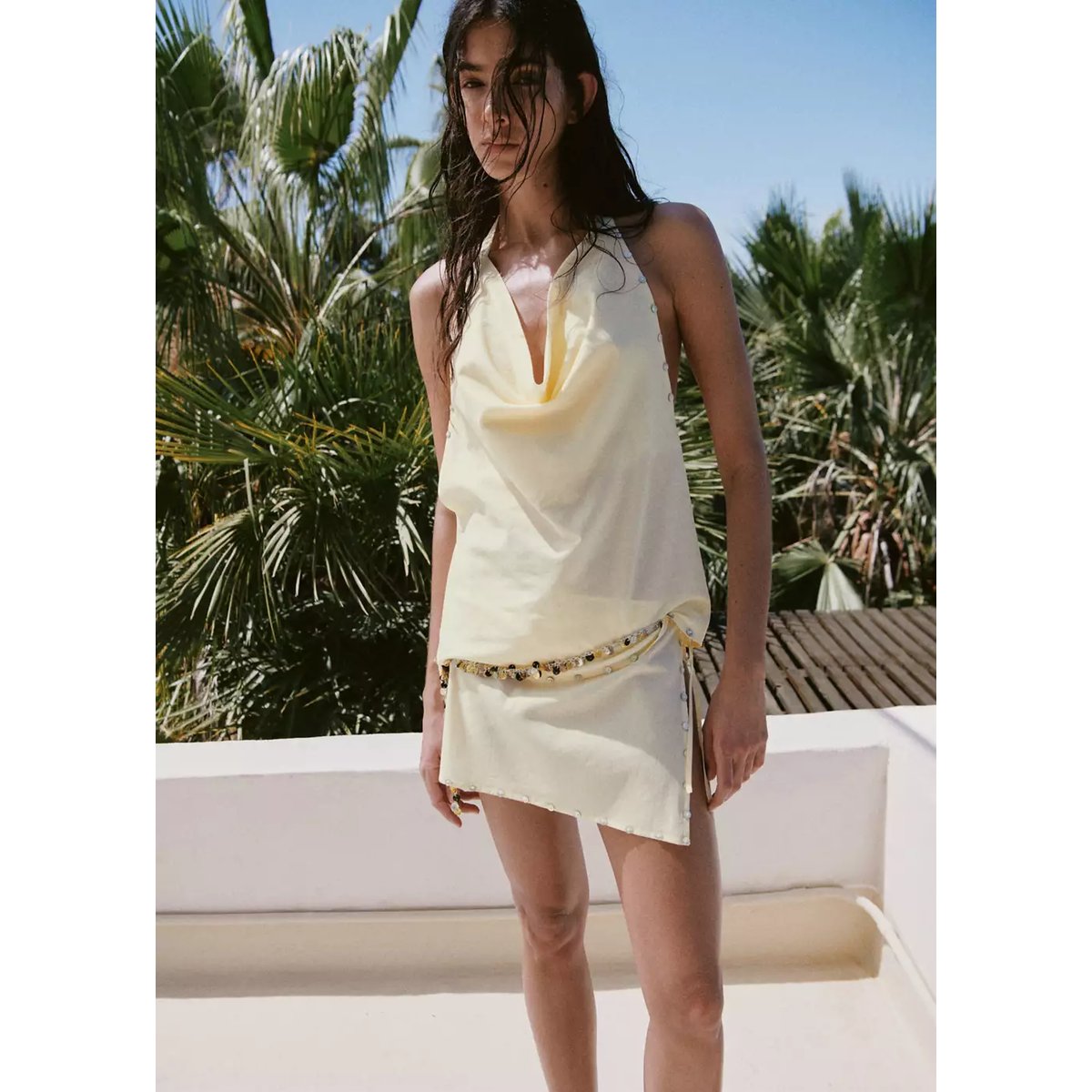 Jupe en coton détails boutons jaune pastel, MANGO