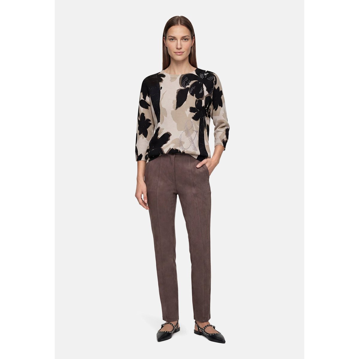 Pull-over en maille à manches chauve-souris beige/noir, BETTY BARCLAY