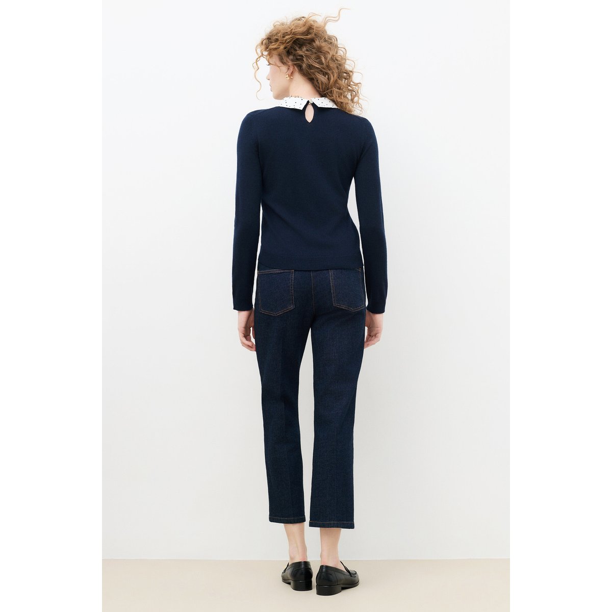 Pull droit col chemise cachemire MPAMELA bleu marine, CAROLL