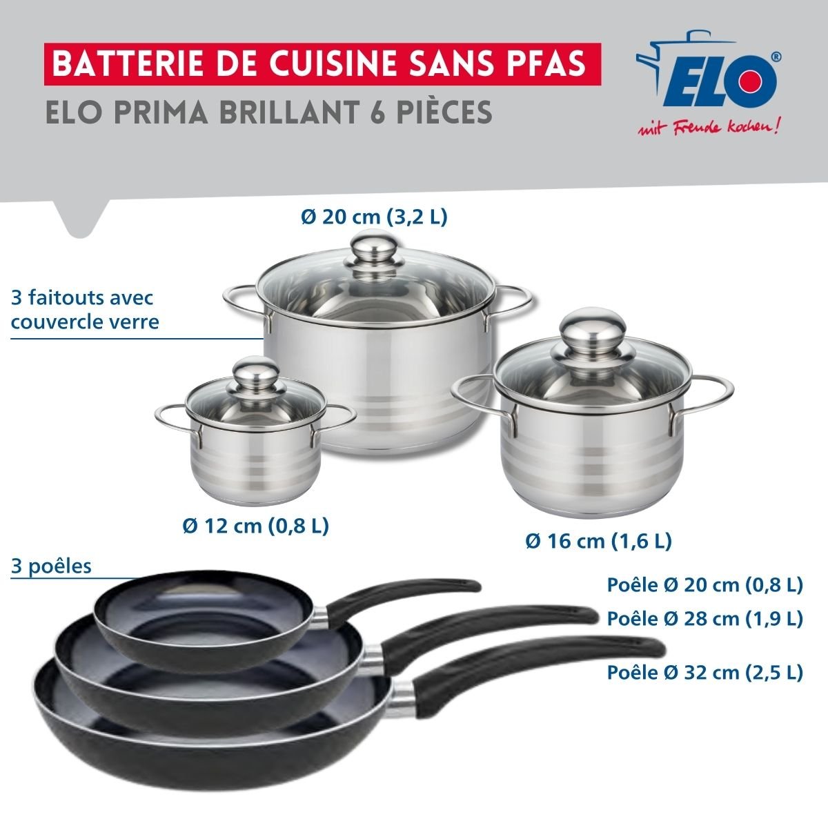 3 poêles 20/28/32cm + 3 faitouts 12/16/20cm PRIMA BRILLANT noir, ELO