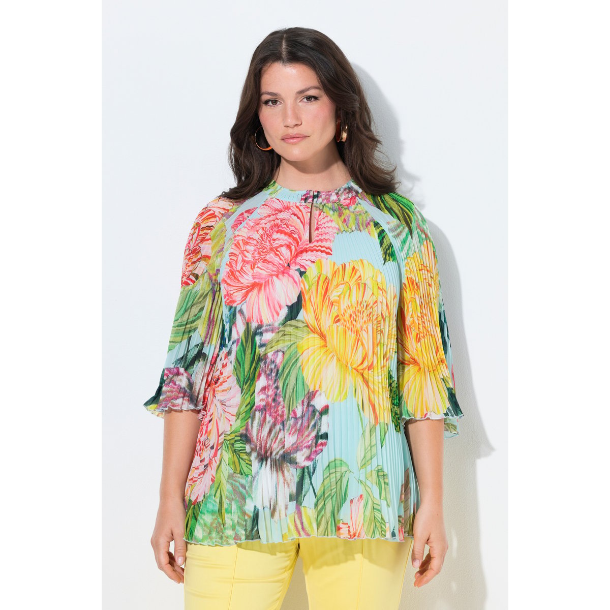 Blouse plissée motif floral turquoise clair, ULLA POPKEN