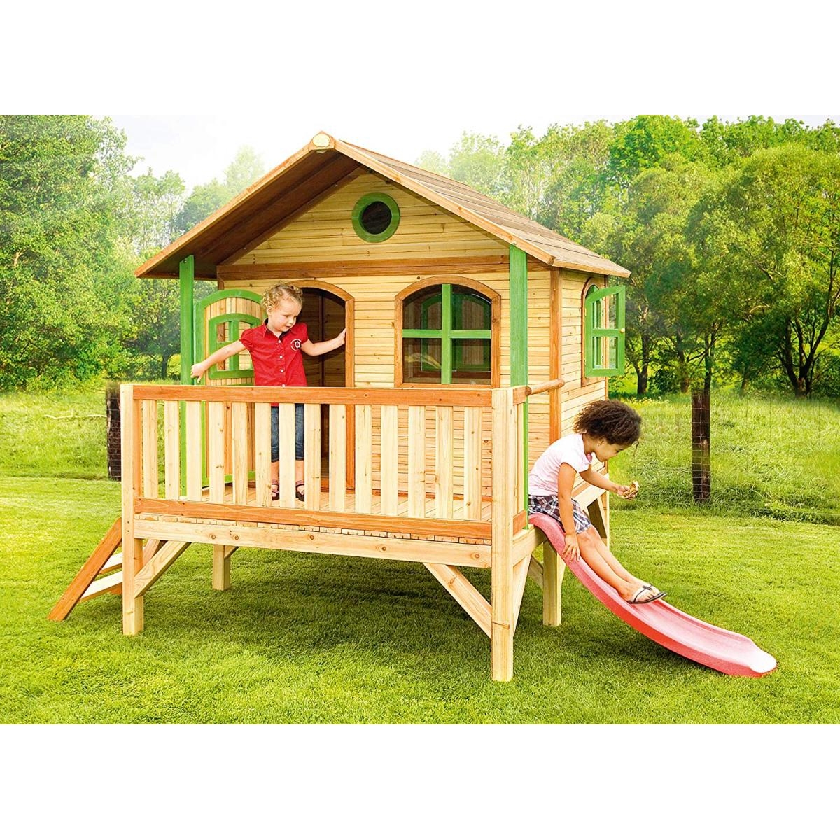AXI Cabane enfant Brun vert avec toboggan Rouge couleur unique, AXI HOUSE