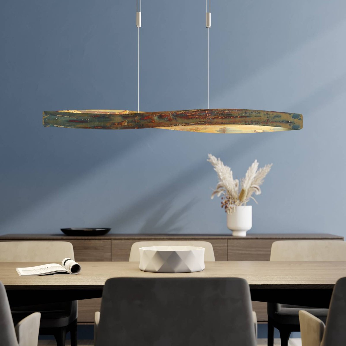 Suspension en aluminium design LED, Lian doré oxydé, nickel mat, LUCANDE