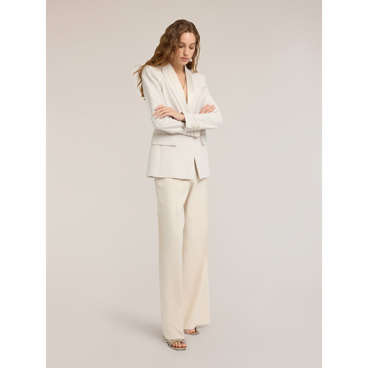 Pantalon palazzo avec inserts satin blanc, MOTIVI