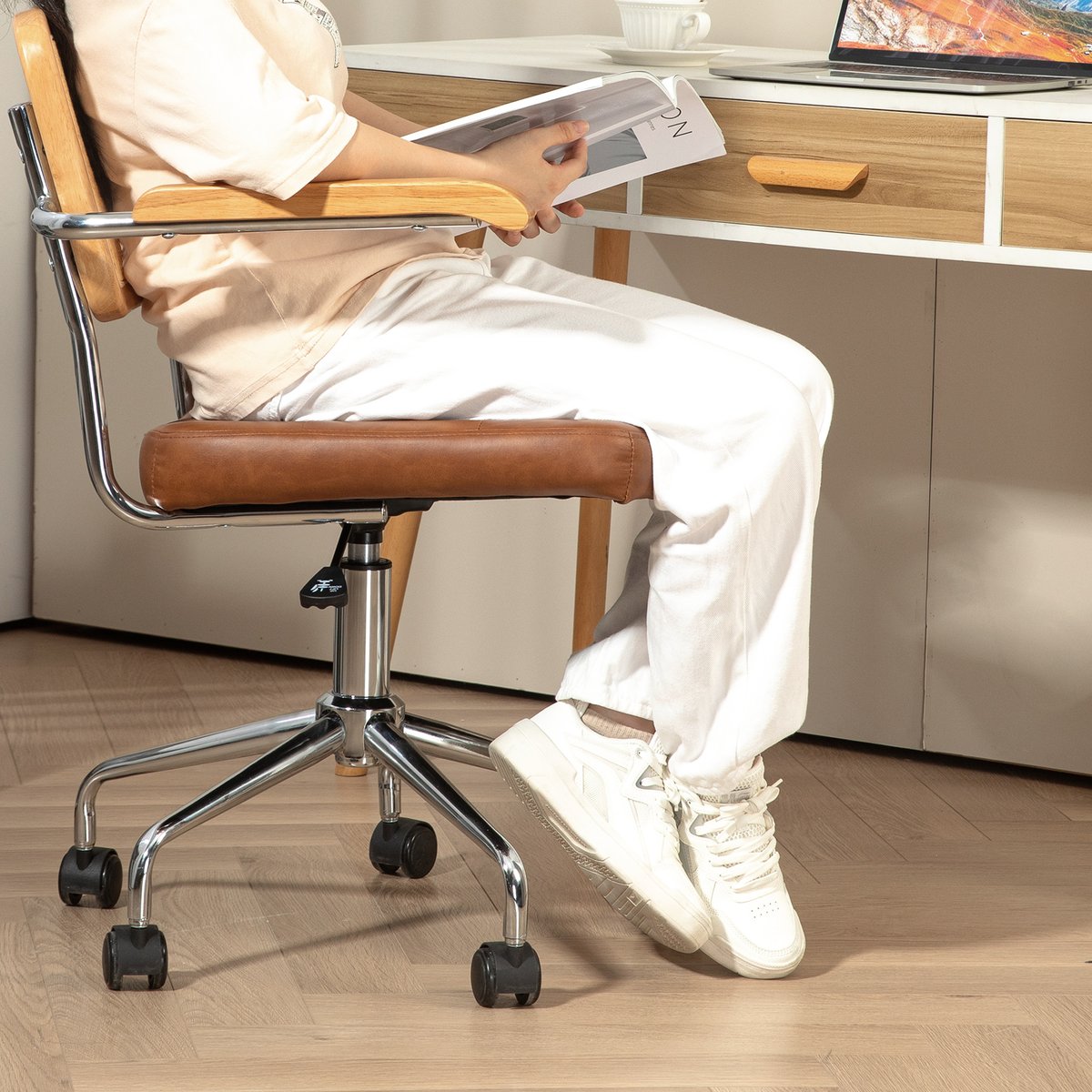 Chaise de bureau Revêtement synthétique marron, bois naturel, HOMCOM