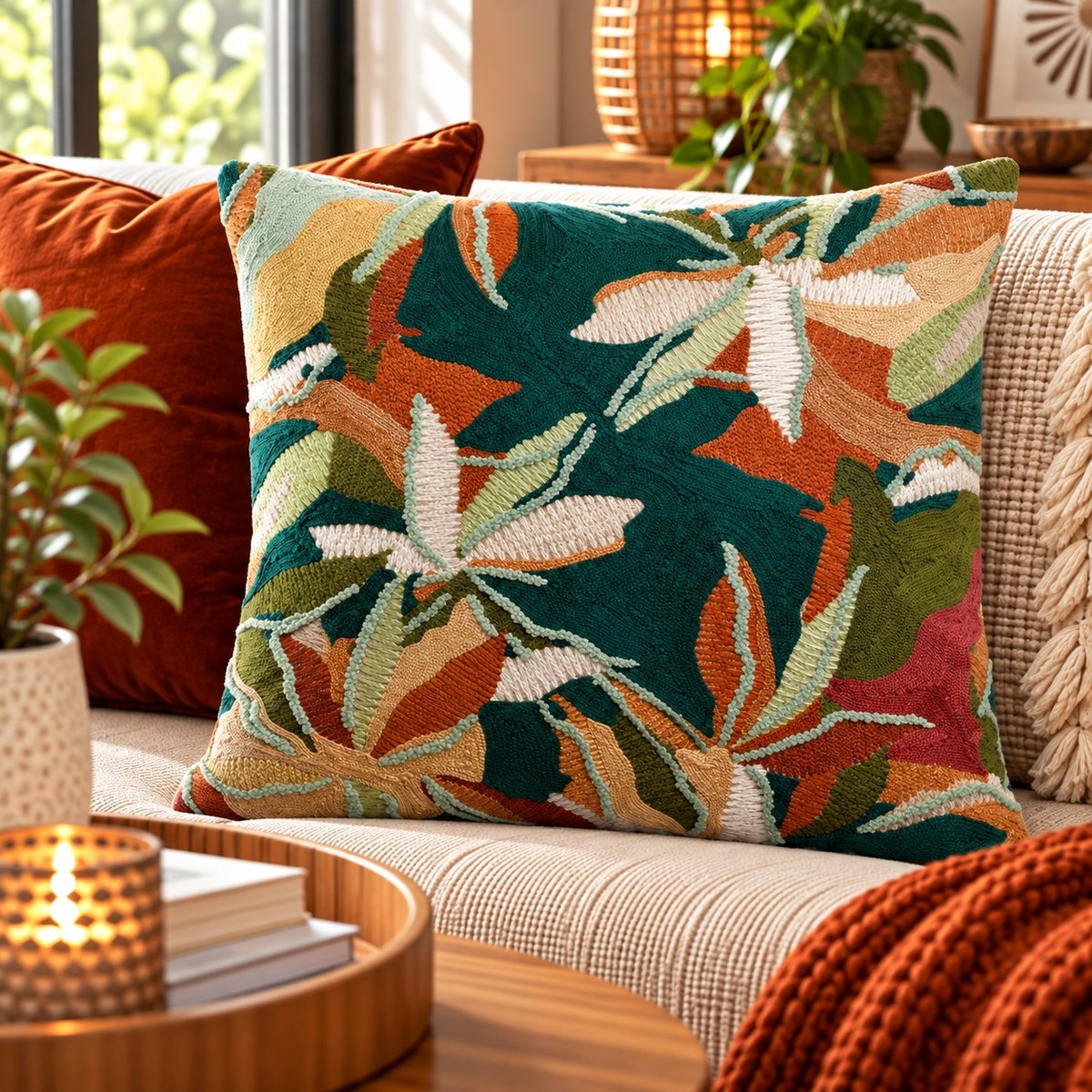 Coussin brodé Escale Singulière petrole, EDEN