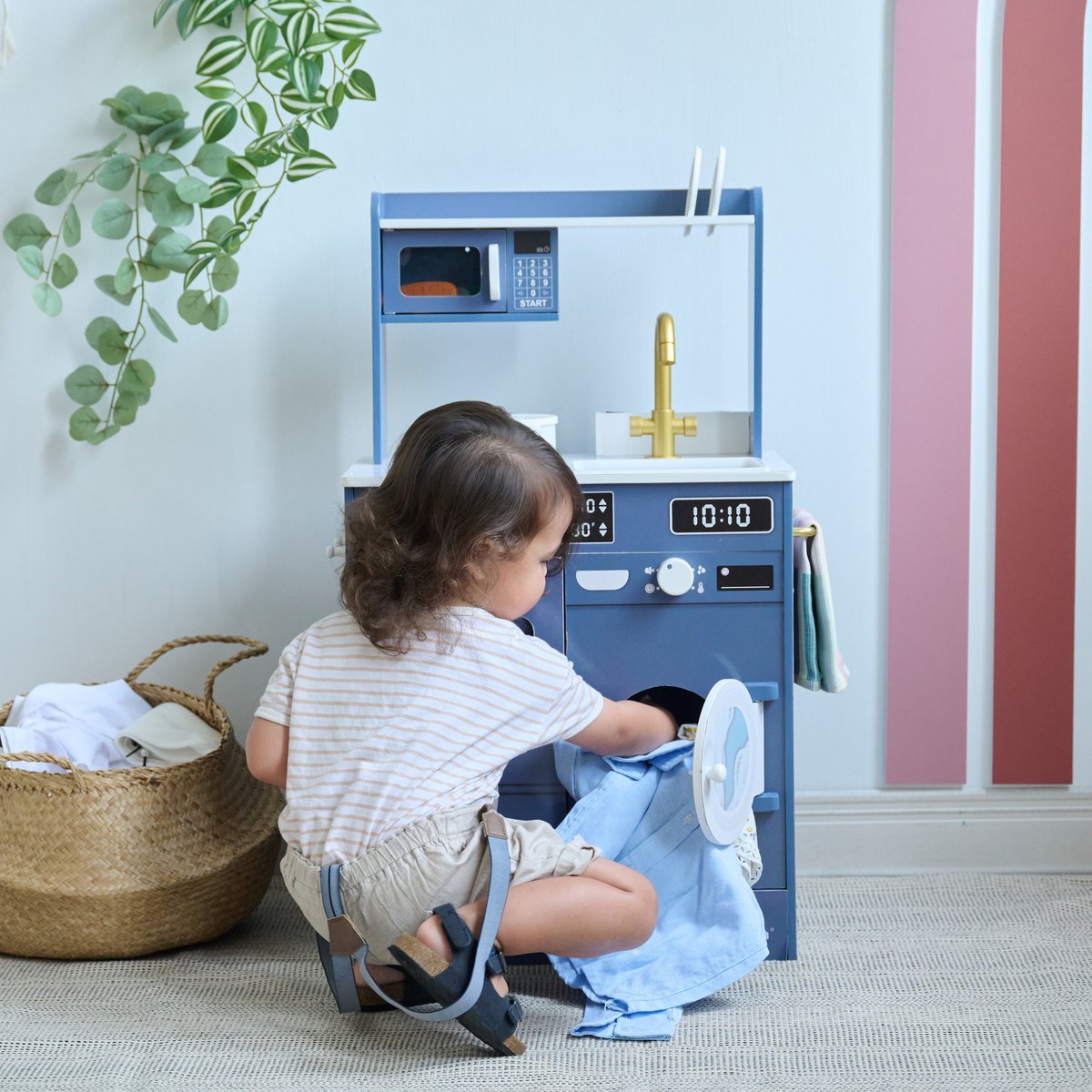 Cuisine bois enfant potager et machine à laver bleue, LITTLE CHEF couleur unique, TEAMSON KIDS