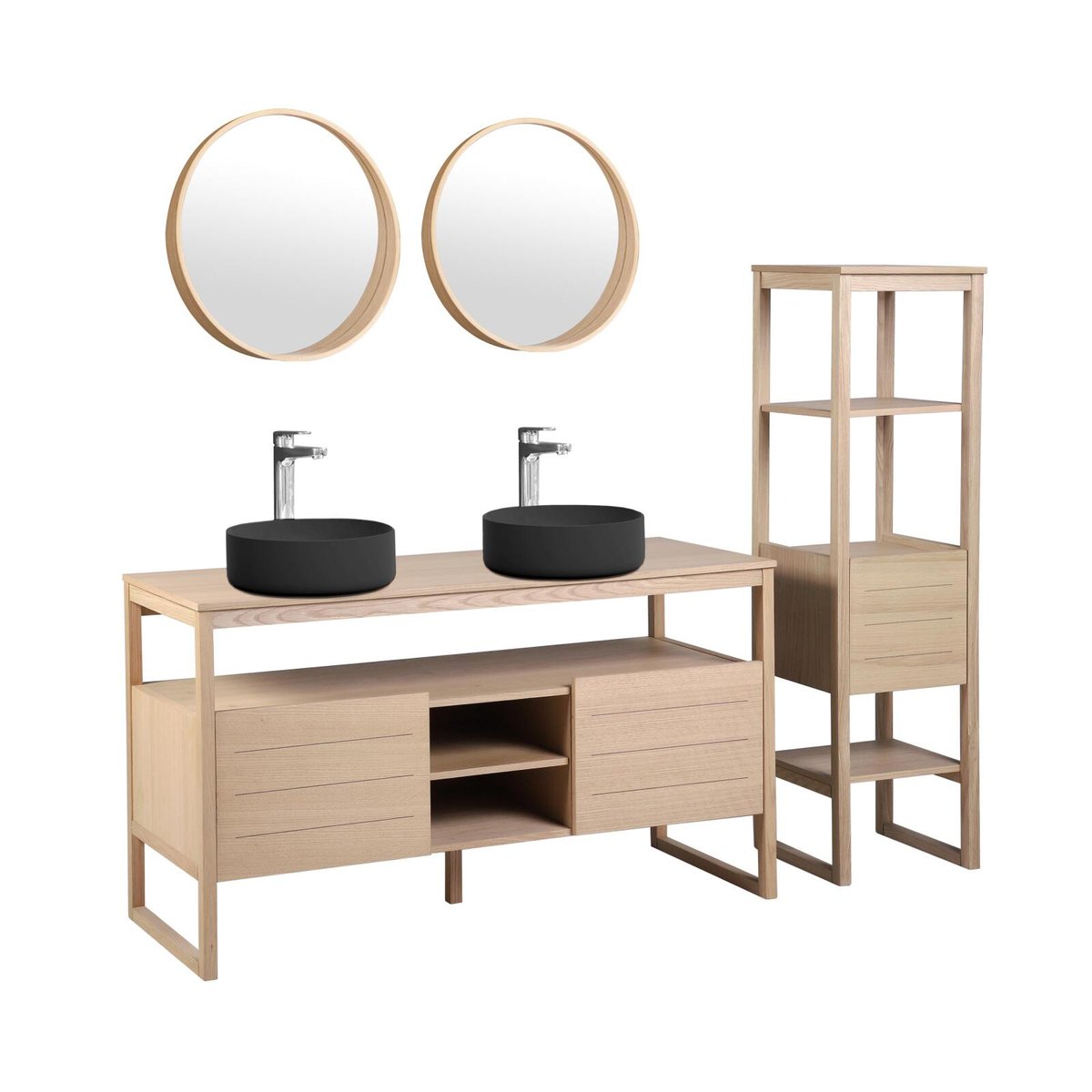 Meuble double 140cm chêne vasques noires miroirs colonnes ATOLL v002233, MOB IN