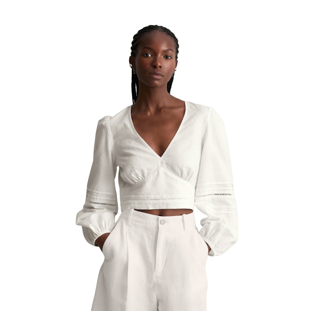 Chemisier portefeuille boho slim en mélange de lin et de coton blanc, MARC O’POLO DENIM