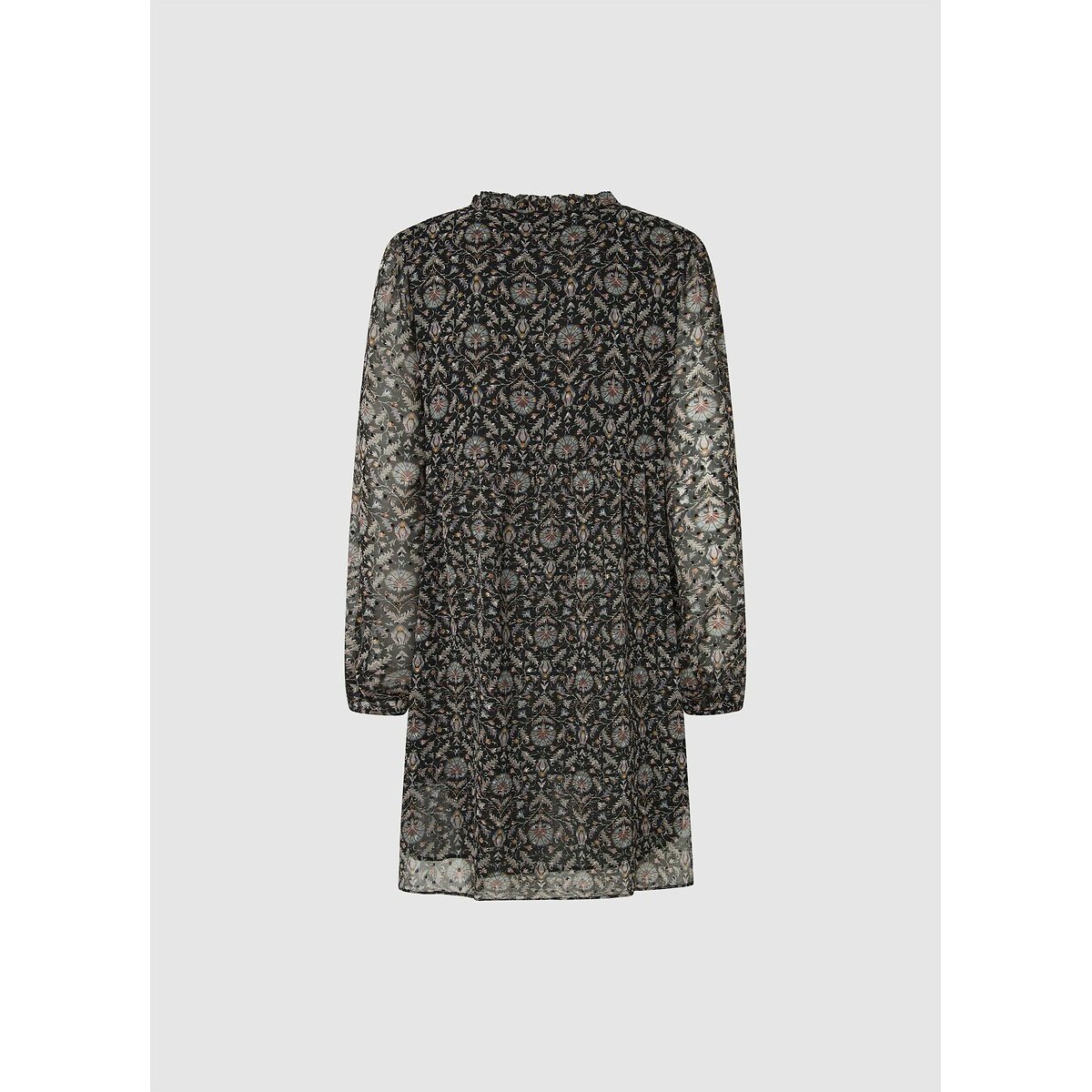 Robe fluide, manches longues en voile, col tunisie noir, PEPE JEANS