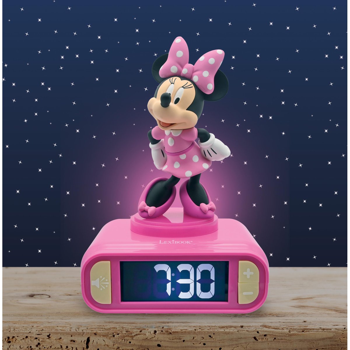 Réveil digital avec veilleuse lumineuse Minnie en 3D et effets sonores rose, LEXIBOOK