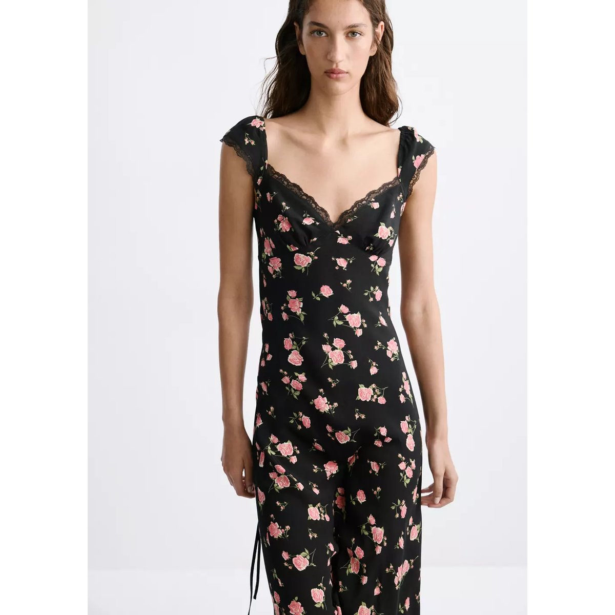 Robe à fleurs détail dentelle noir, MANGO